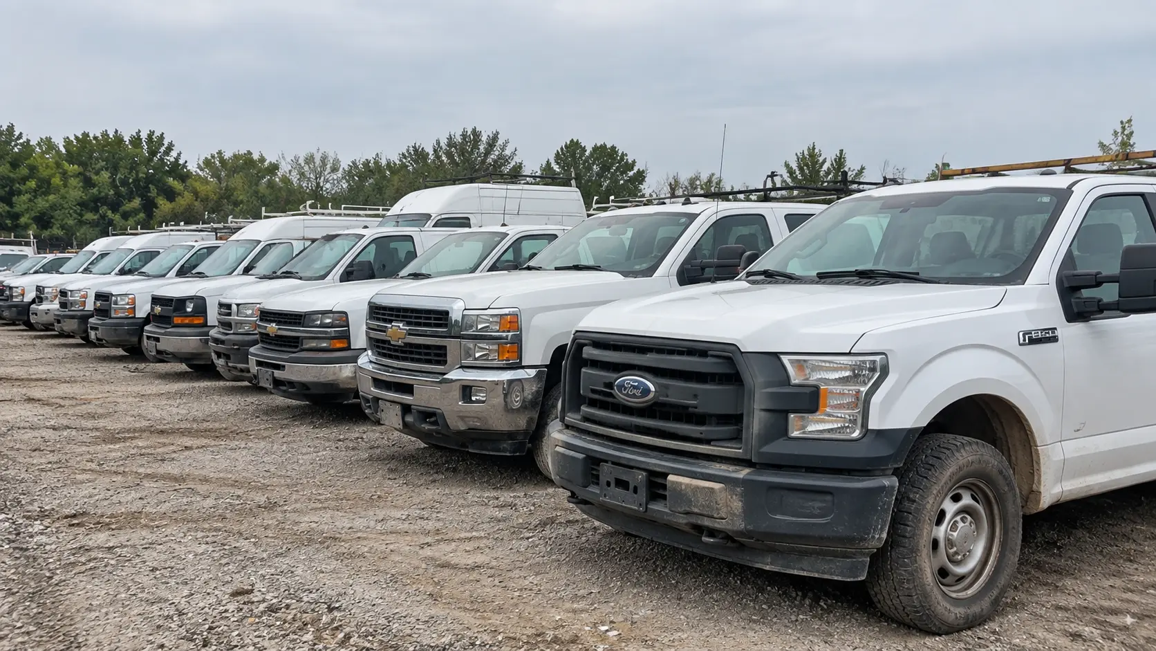 Commercial fleet vehicles lined up for disposal