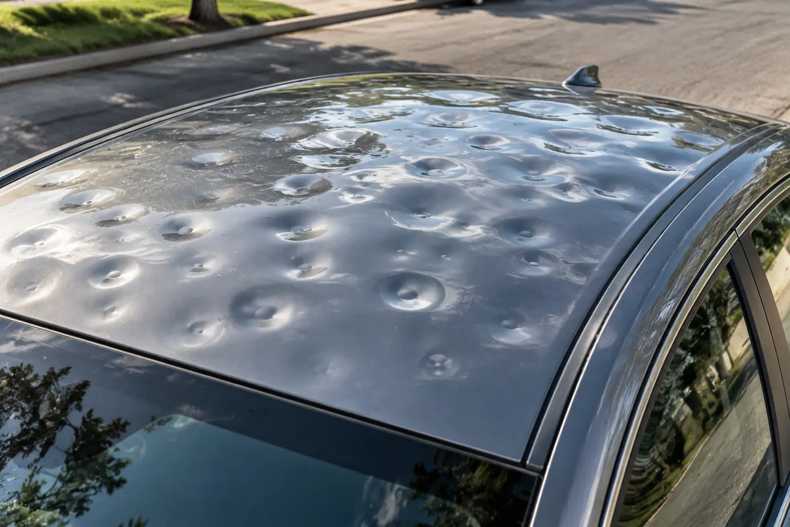 Severe hail damage on a vehicle roof panel